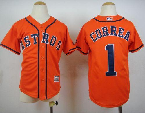 Astros #1 Carlos Correa Orange Cool Base Stitched Youth MLB Jersey - Click Image to Close